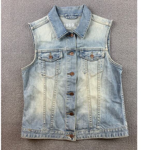 Y2K Gap 1969 Jean Vest Women's Medium Blue Trucker Collared Denim Washed - Picture 1 of 12